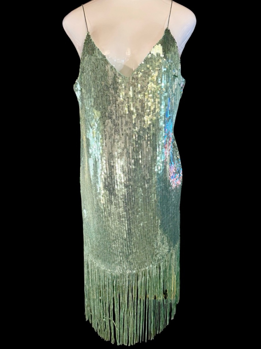 Pistachio Green Sequin Midi Slip Dress Fringe Hem Spaghetti Straps Lined NWT